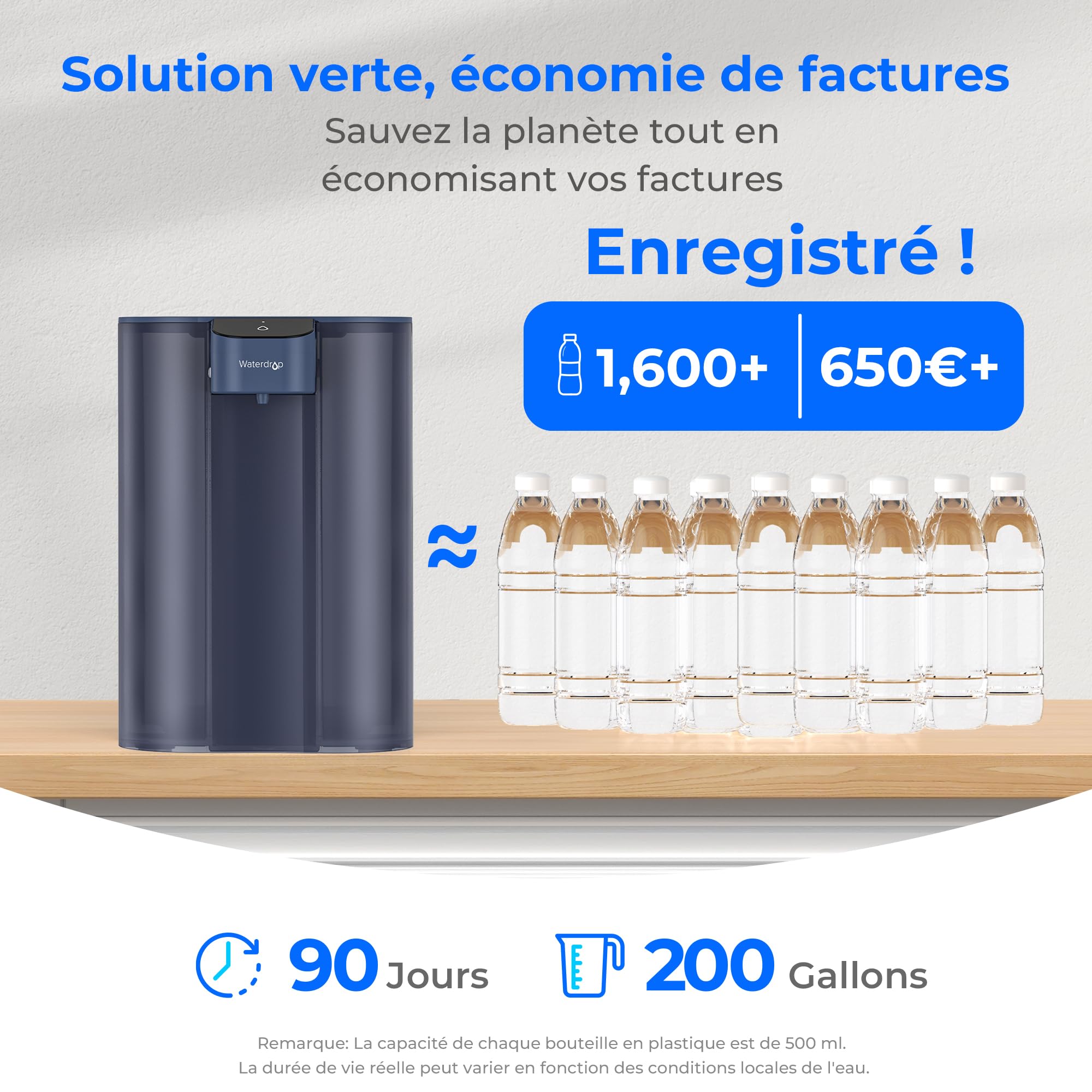 Waterdrop Mega Carafe Filtrante Électrique Avec Filtre de 3 Mois, Système de Filtration d'eau de Comptoir de 6 L, Réduit le Chlore, le Plomb, le Mercure, Réduit les PFAS, 757 Litres, Bleu