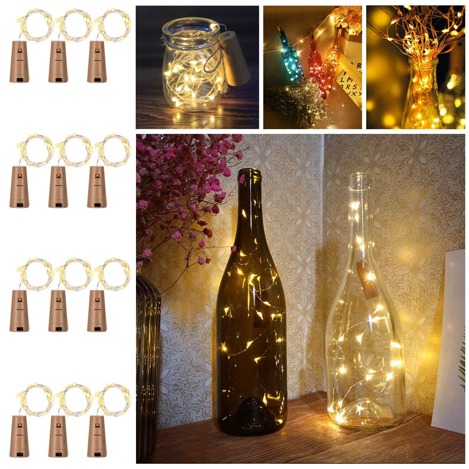 Party Propz Bottle Lights for Decoration with Cork - 12 Pcs, 20 LED, 2m, Battery Operated, Bottle Cork Lights, Copper Wire Bottle LED Lights, Decorative Lights for Room, Fairy Led Lights for Room
