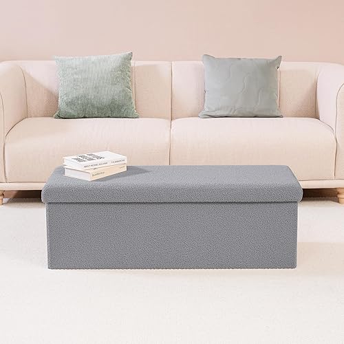 Miniatura 47 de PINPLUS Otomanas otomanas de almacenamiento con forma cuadrada con reposapiés de almacenamiento para sala de estar, asiento otomano Boucle para