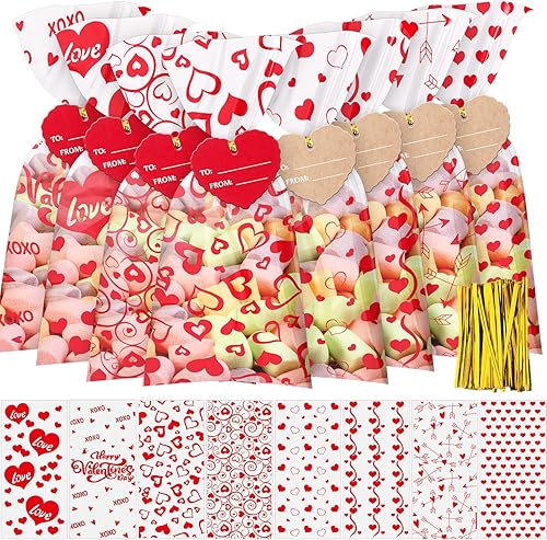 Skyygemm 200 bolsas de regalo de celofán de San Valentín, 8 estilos de San Valentín, corazón rojo, bolsas de regalo transparentes con 100 etiquetas