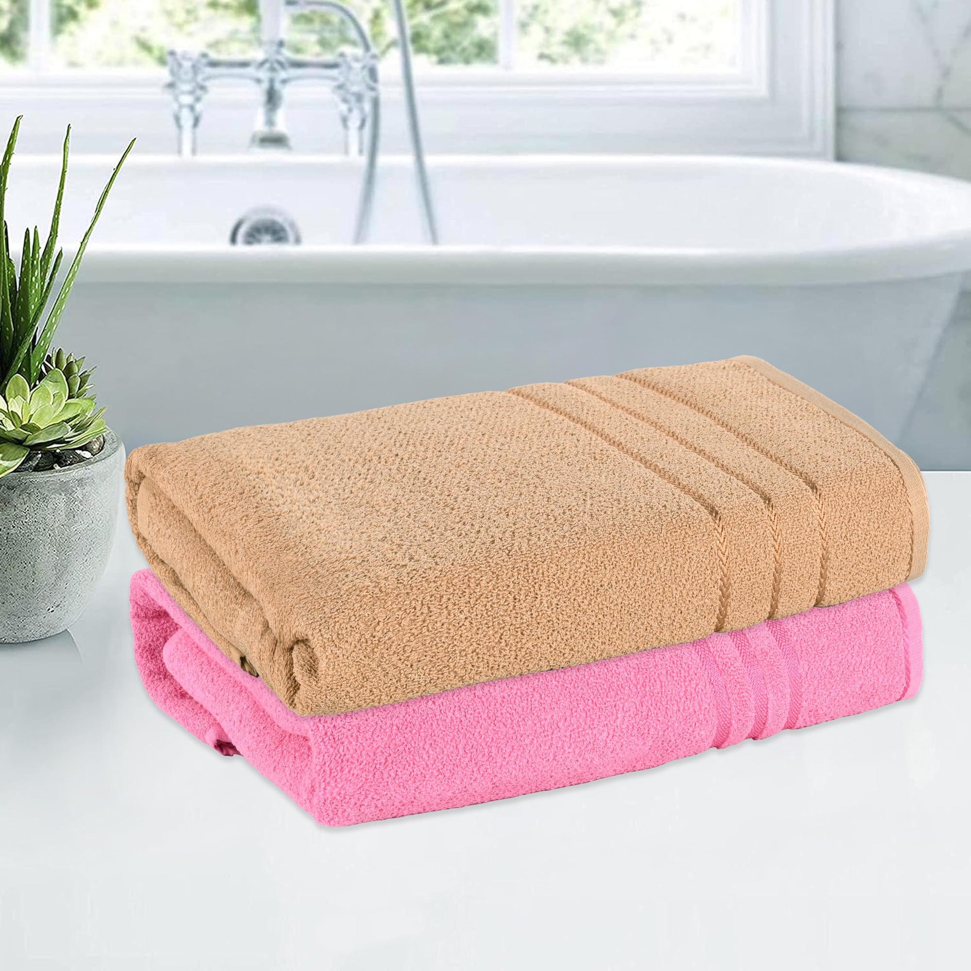 Kuber Industries (Set of 2) Bath Towel | 30x60 Inch | 144 GSM Cotton Unisex Bathroom Towel | Towel for Bathing | Towel for Bath-Gym-Travel-Beach-Pool | Plain Lining | Pink & Light Brown (B0D5VKQD6B) Amazon Price History, Amazon Price Tracker
