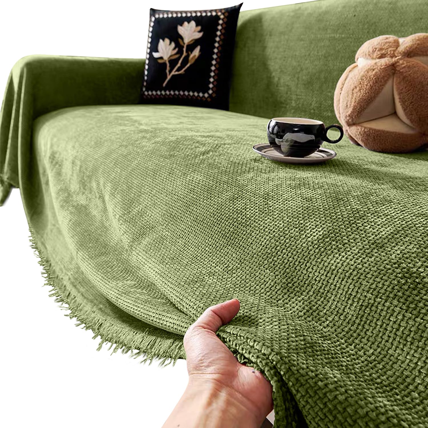 Granbest Thicken ChenilleThrow Blankets for Couch and Bed, Soft Cozy Sofa Blanket with Tassel, Decorative Sofa Cover, 4 Seasons Universal Sofa Protector for Pet Kids(180 x 300,Chenille Avocado Green)