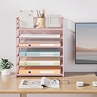 Vista 7 de Subekyu 6 Tier Office File Paper Desk Tray Organizer with Handle, Stackable Slide Mesh Letter Tray Folder Pink Desk Organizer, Desktop Document