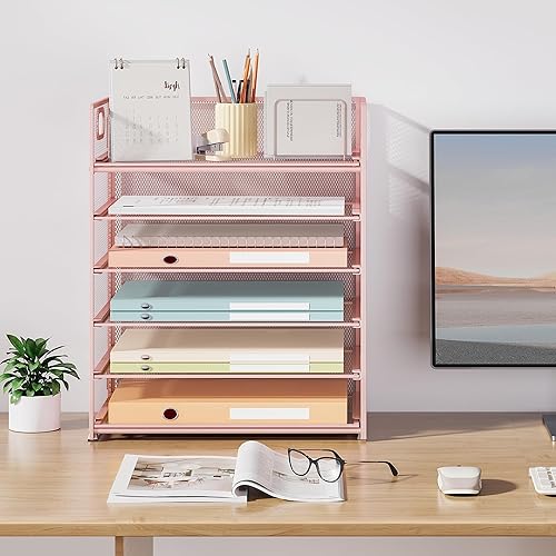 Miniatura 7 de Subekyu Organizador de bandeja de escritorio de papel de oficina de 6 niveles con asa, bandeja de cartas apilable de malla deslizante, organizador