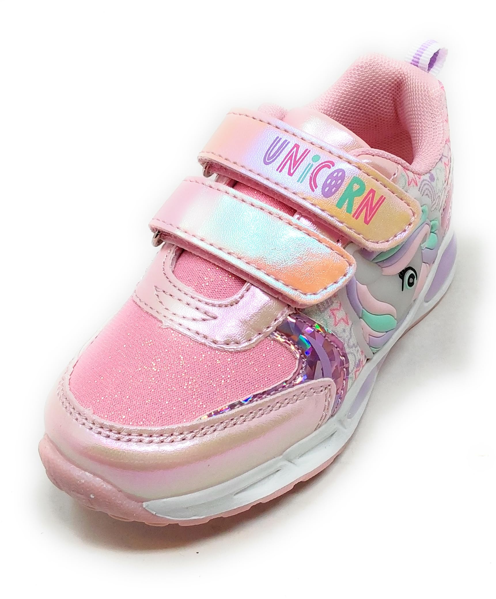 Zapatillas de niña con unicornio, rosa con purpurina, doble tira, luces integradas en la entresuela y en el lado zapatilla