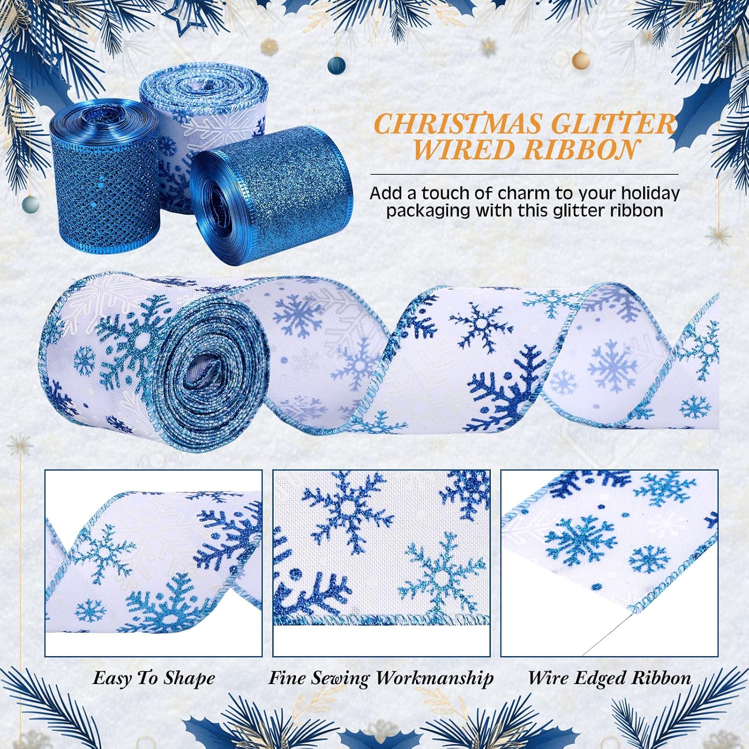 Hanaive 3 Rolls Blue Christmas Ribbon Wired Glitter Mesh Ribbon Satin Snowflake Sequin Bouquet Ribbon Fabric Ribbons for Tree Bow Gift Wrapping DIY Crafts, 10 Yard Per Roll