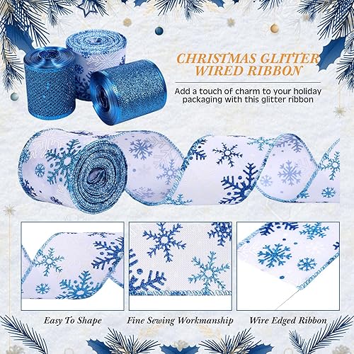 Miniatura 3 de Hanaive 3 rollos de cinta azul de Navidad con alambre de malla con purpurina de satén, copo de nieve, ramo de lentejuelas, cintas de tela para lazo