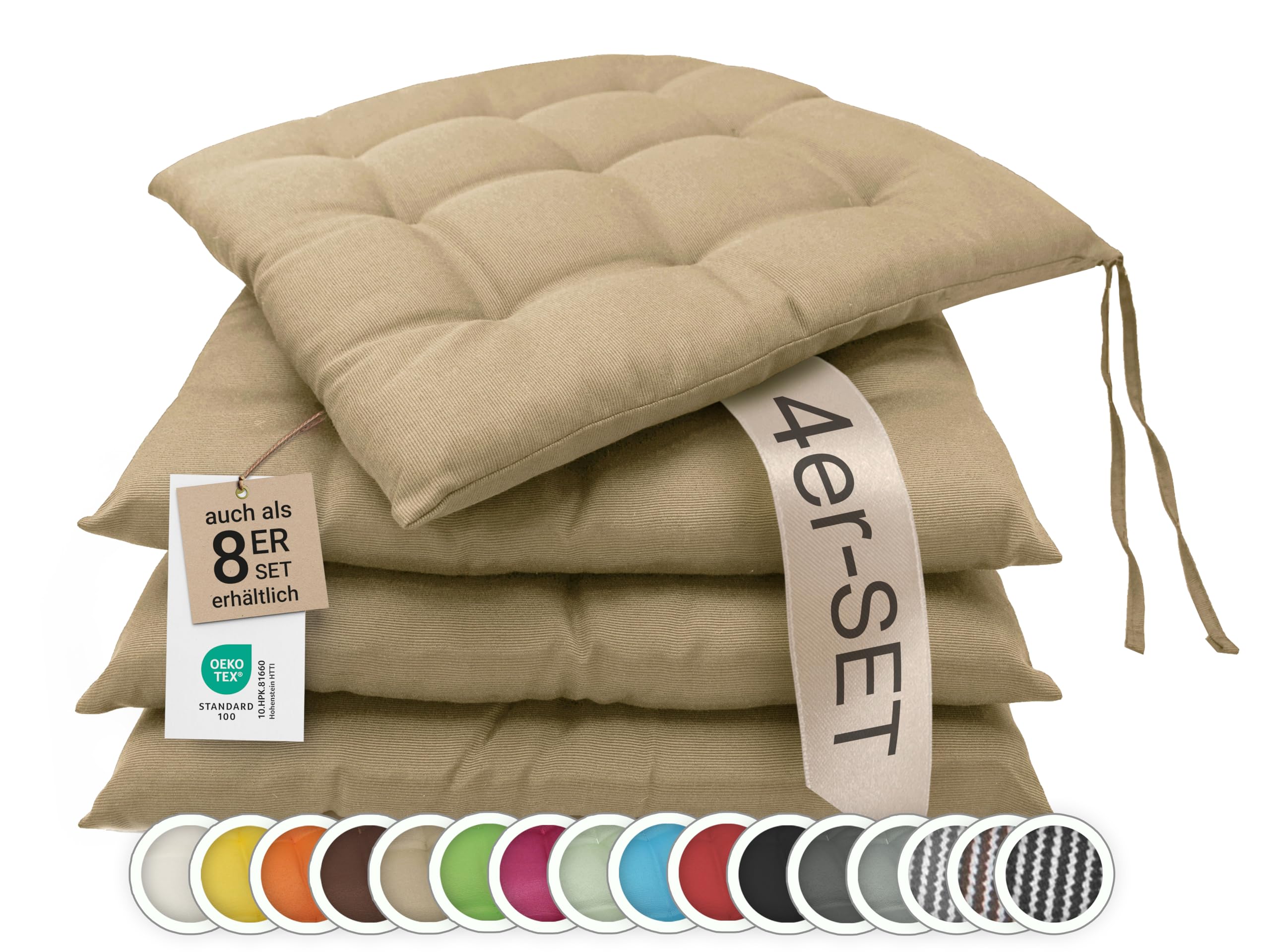 ZOLLNER 4er Set Sitzkissen in 40x40cm - gemütliche Stuhlkissen mit Bindebänder - waschbar bis 30°C - in Sand - Oeko Tex® Zertifiziert