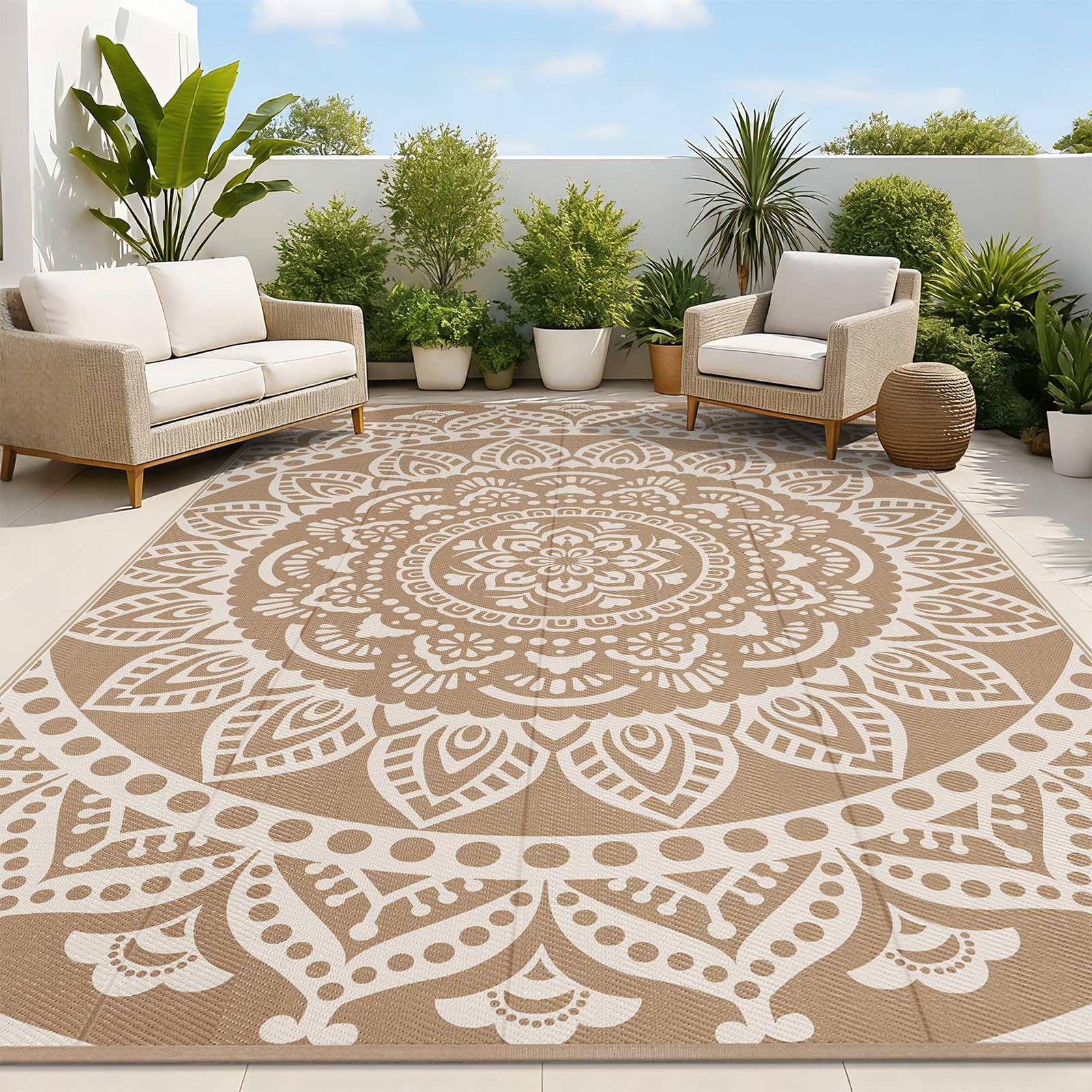 Bsmathom Waterproof Outdoor Rug 9x12ft Large Reversible Boho Plastic Straw Patio Deck Camping Rugs, Indoor Outdoor Portable RV Mat Carpet for Outside, Porch, Balcony, Backyard, Beach, Pool,Brown