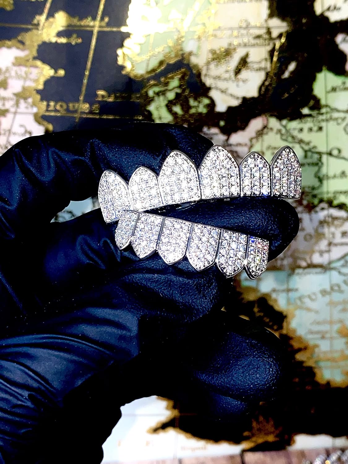 18K White Gold Plated CZ Cluster Custom Slugs Top & Bottom Grillz Mouth Teeth Grills Set - Teeth Cap, Iced Out Grillz