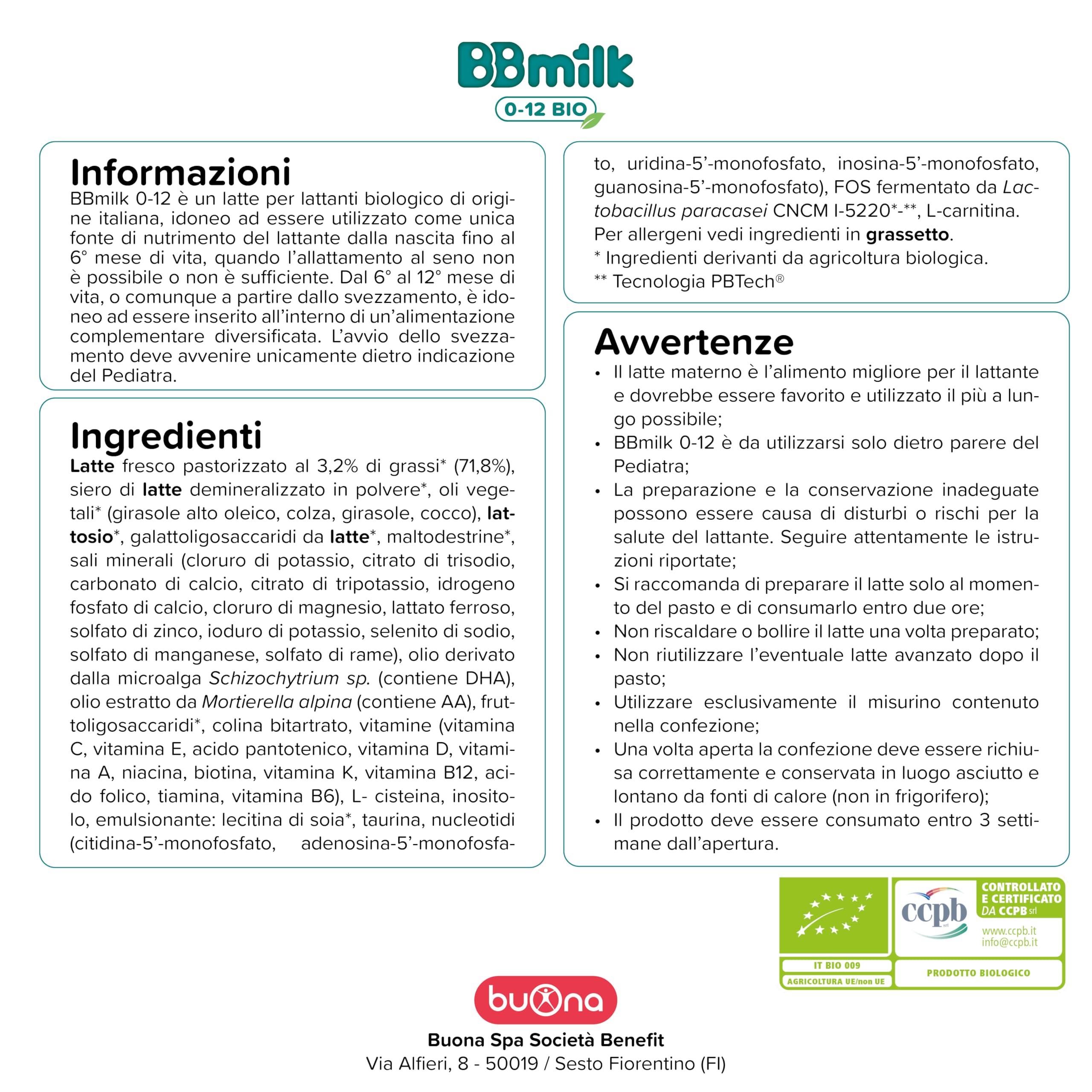 BBmilk Buona Latte in Polvere per Neonati BB Milk 0-12 Bio 2x400g, Indicato dalla Nascita fino ai 12 mesi, Qualora l’Allattamento non sia Possibile o Sufficiente, Formula Completa