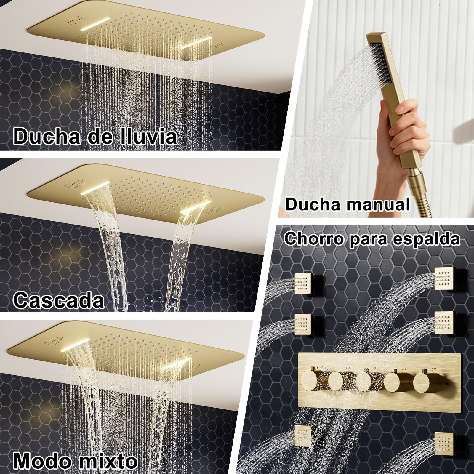 Columna Ducha Termostatica,Sistema de Ducha Empotrada,LED 64 Colores Música | Música Sistema de Panel de Hidromasaje, Lluvia, Cascada, 6 Chorros de Masaje