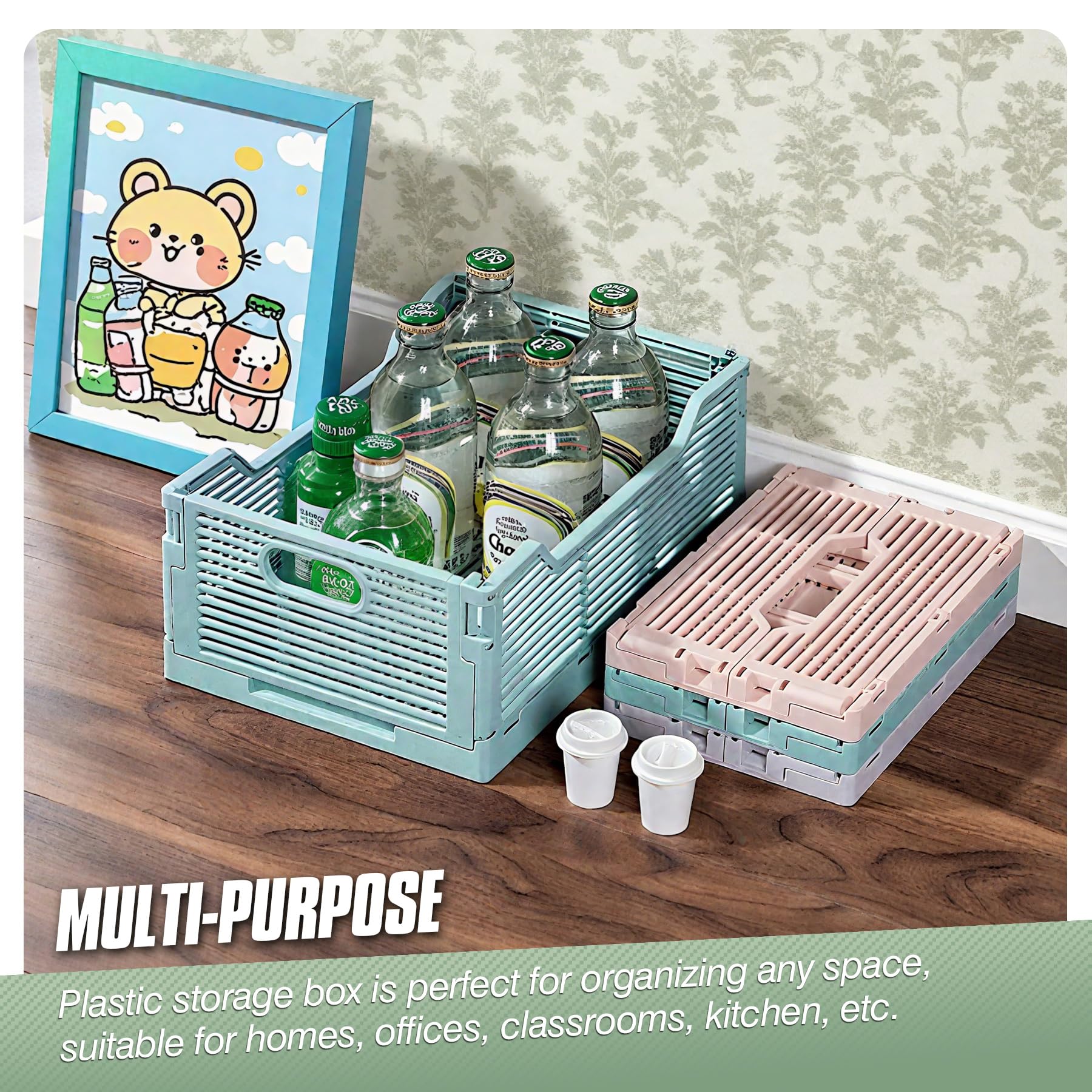 Set di 4 scatole pieghevoli in plastica - Scatole di archiviazione impilabili - Per casa, aula, ufficio, cucina, camera da letto (40 x 30 x 15,5 cm, blu)