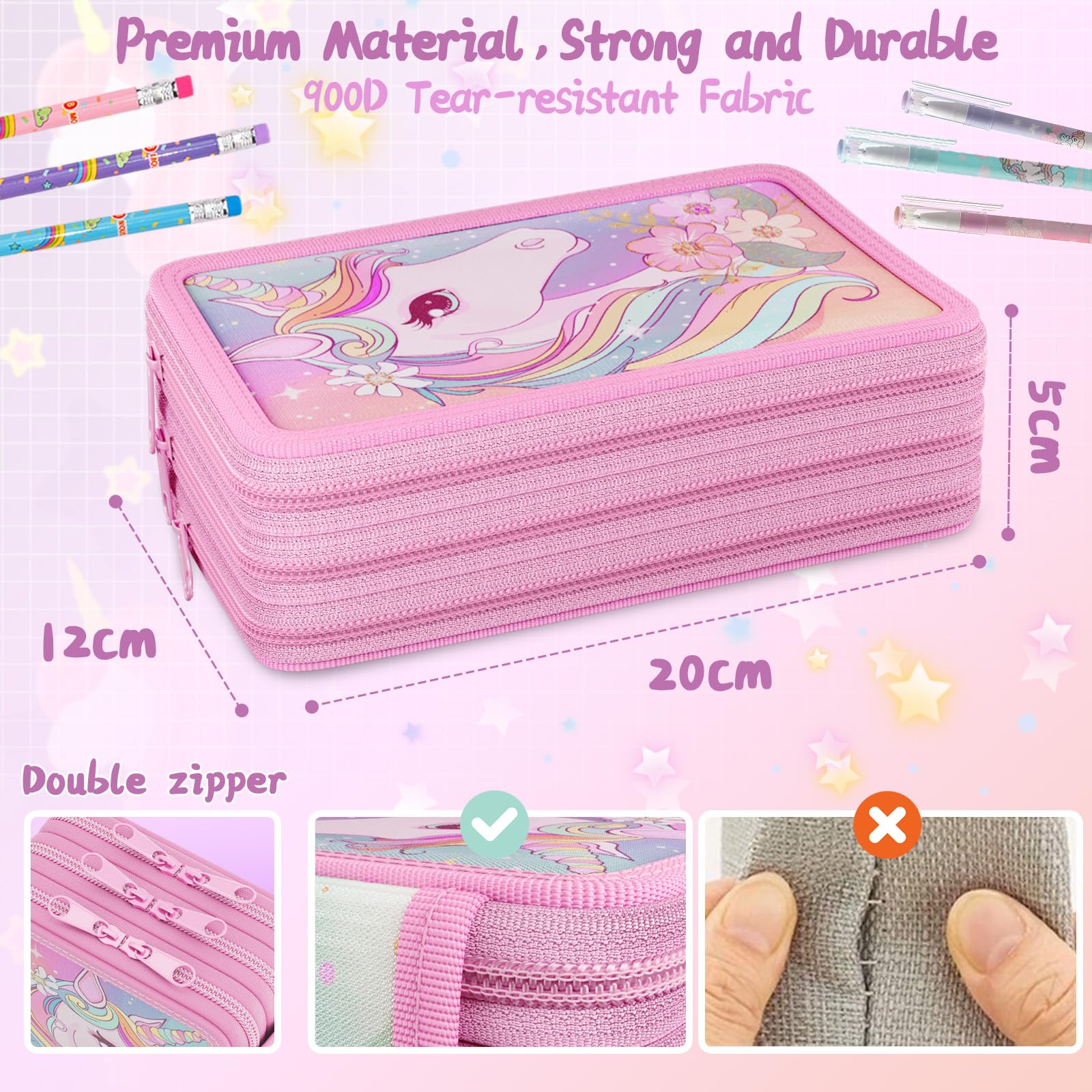 39 Pezz Astuccio unicornoe Bambina,2025 Anno Astuccio 3 Scomparti Bambina,Set scuola Cancelleria,Doppia Cerniera,Materiale Scolastic（Rosa Pesca Regalo Rientro Scuola）