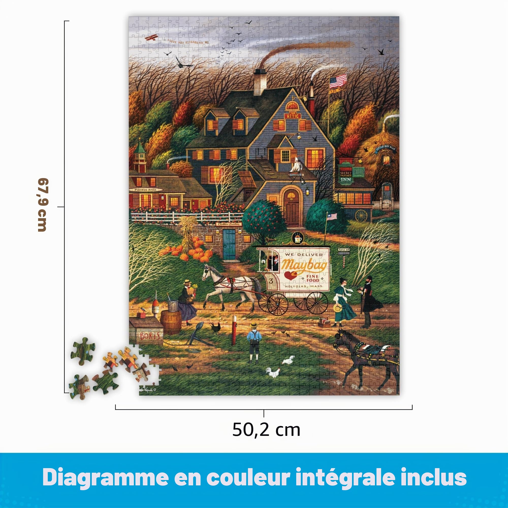 Buffalo Games – Charles Wysocki Secret Passage Inn – Puzzles de 1 000 pièces difficiles d'automne pour adultes, taille finie de 68 x 50 cm