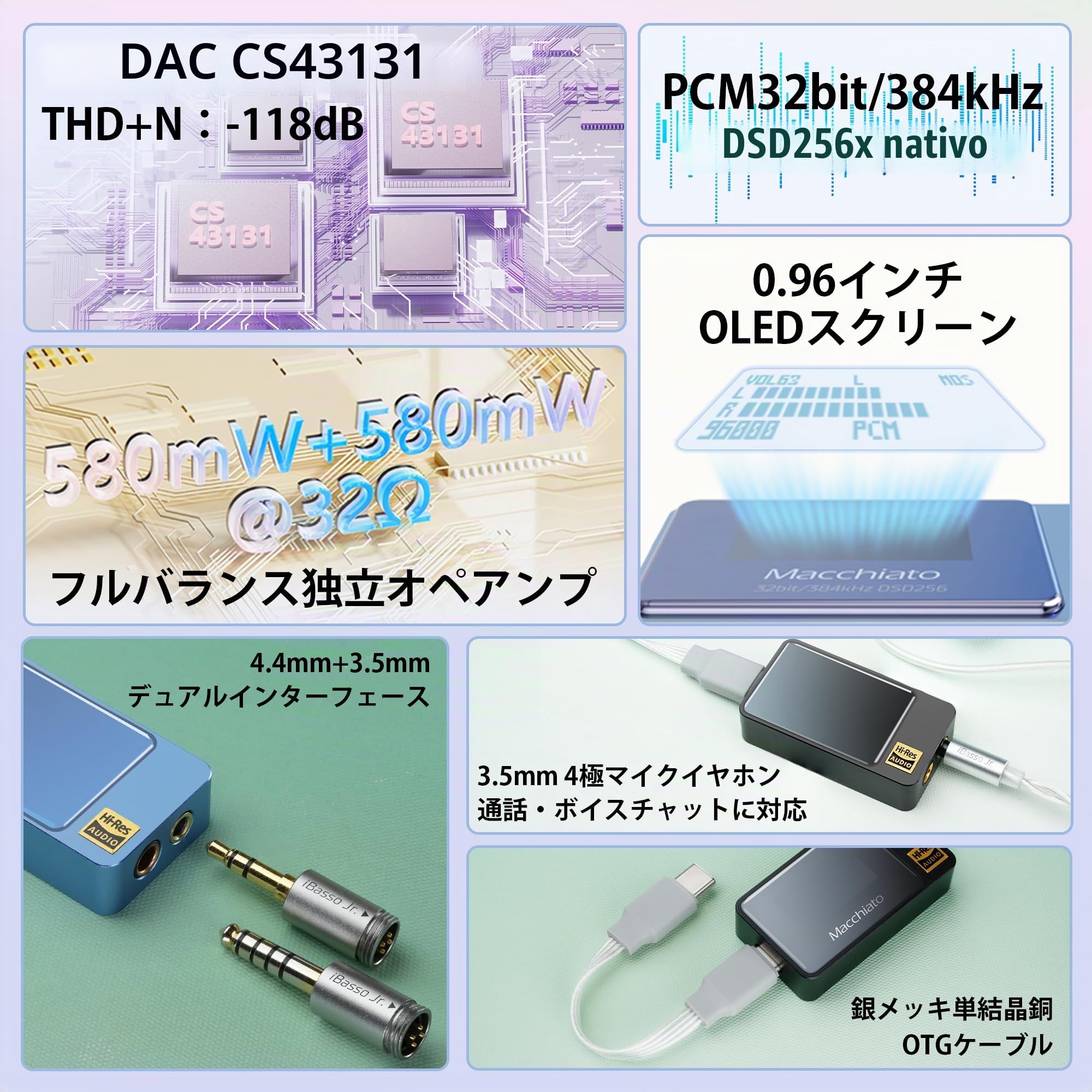 IBasso Macchiato Dongle DAC/AMP con Display OLED, Uscite Bilanciate 4.4mm e 3.5mm, Supporto Microfono, Doppio DAC Cirrus Logic, Hi-Res Audio, Compatibile con Smartphone, PC e Console