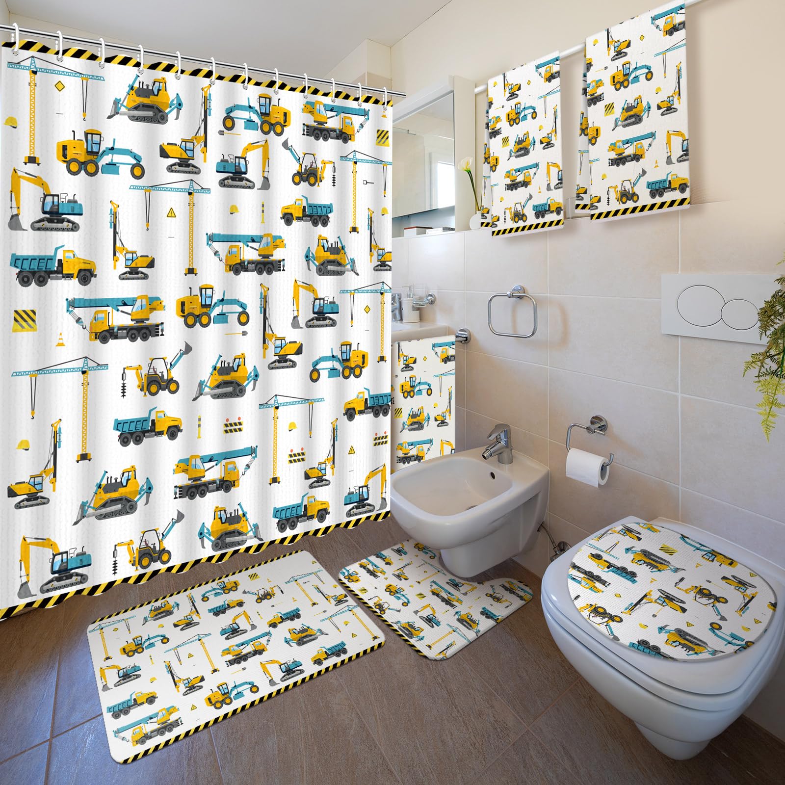 Nuanchu 6 Pcs Construction Shower Curtain Set with Rug Bathroom Sets