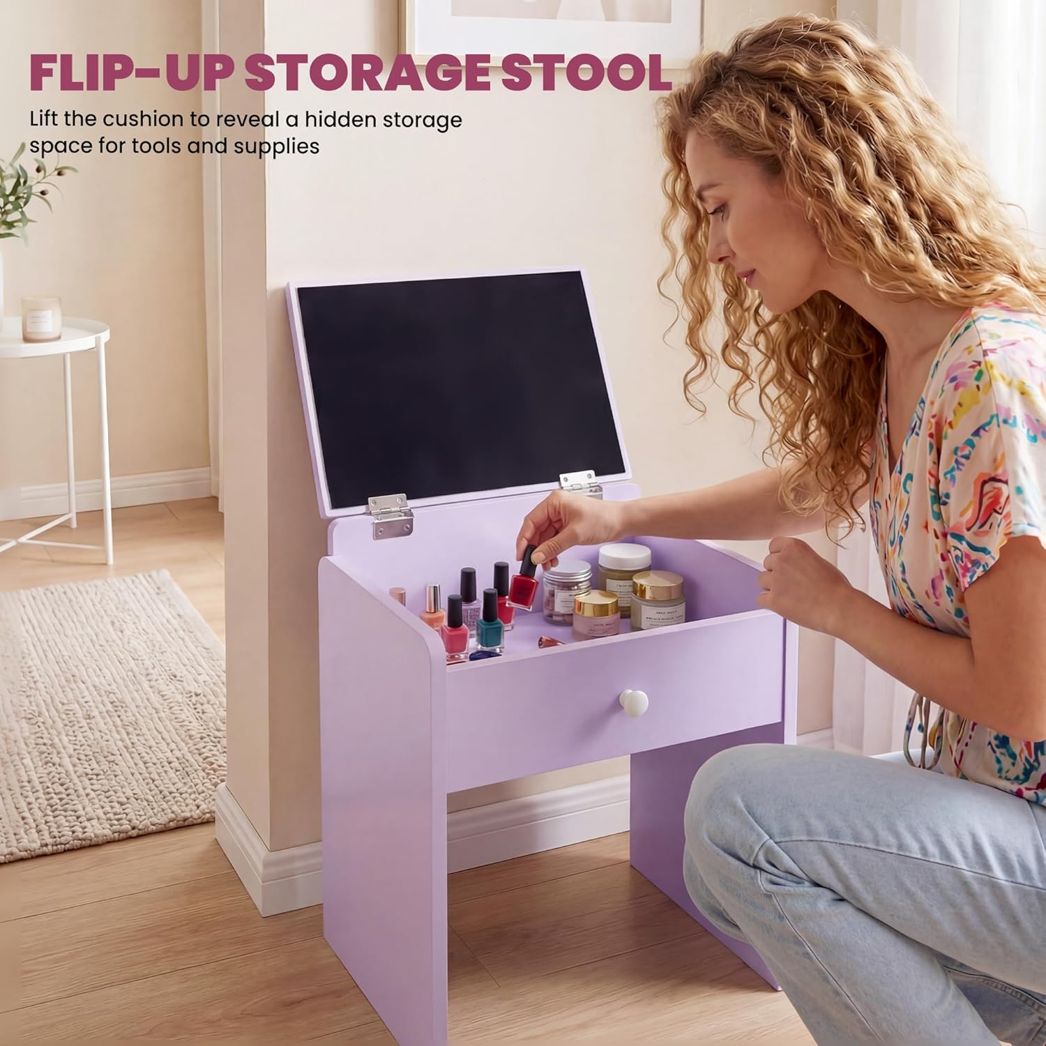 A person opening the flip-up top of the storage stool, revealing a hidden compartment filled with nail care products.