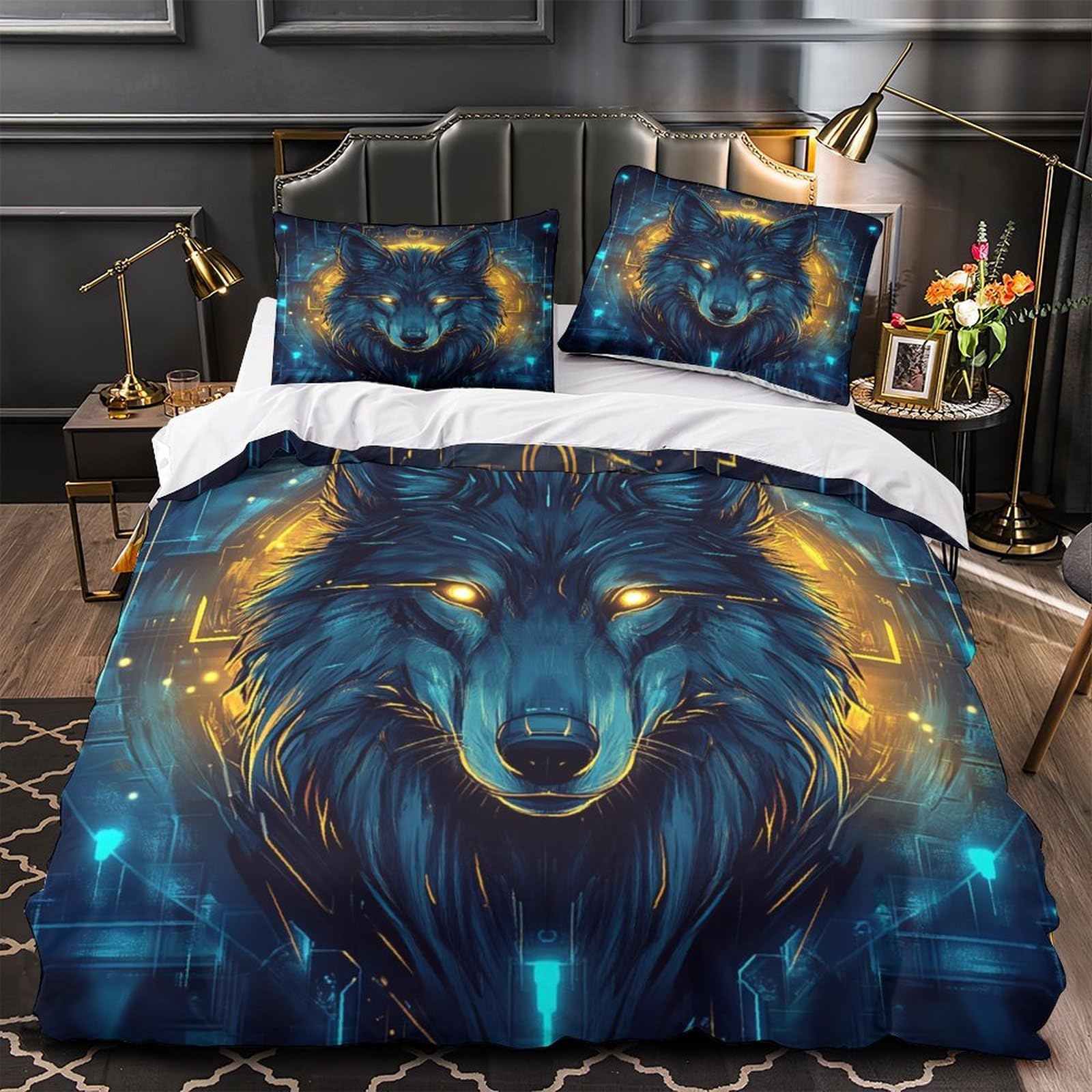 Parure de couette cybernétique loup 3D 200x200 avec taies en microfibre