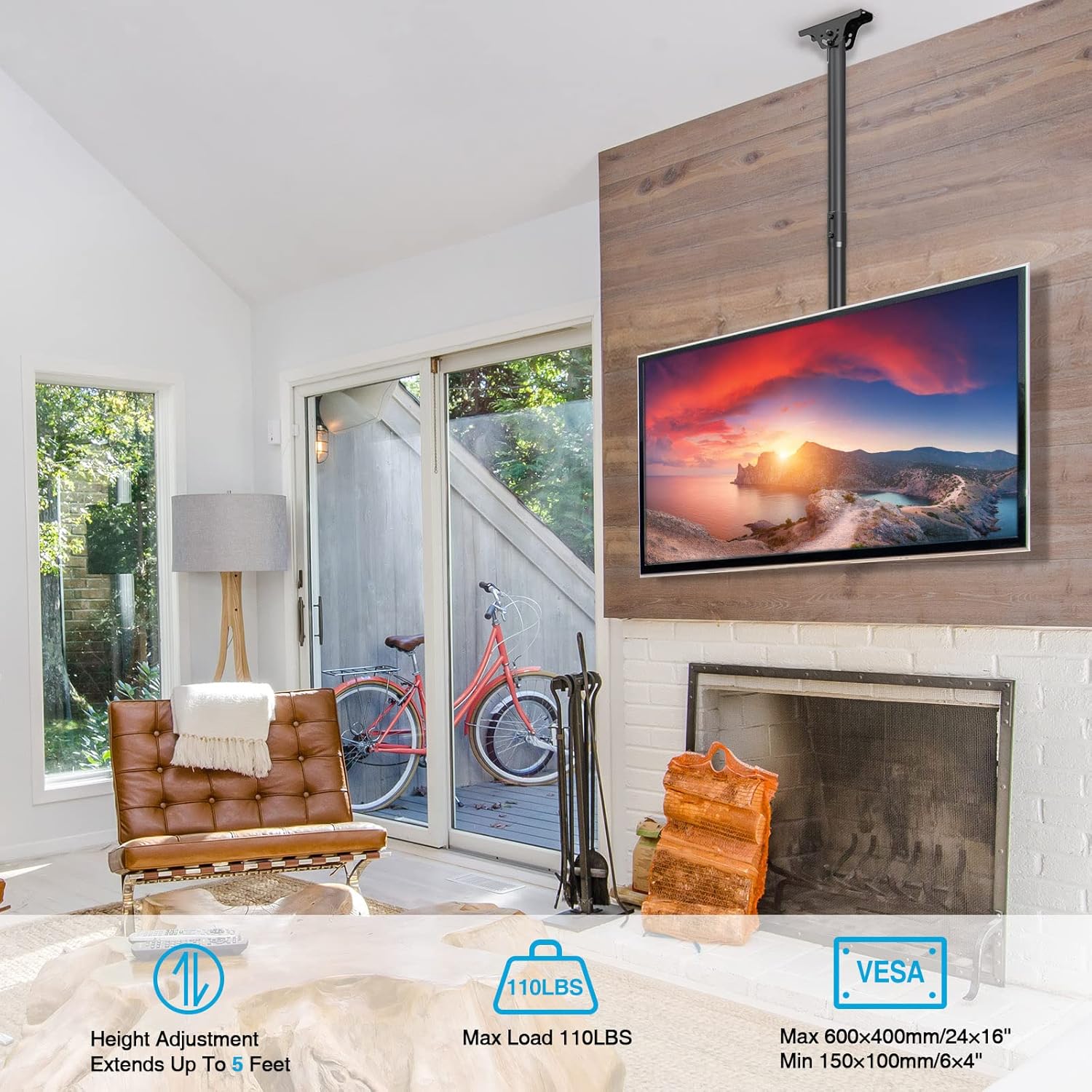 MOUNTUP Ceiling TV Mount for 40-75 Inch Flat Curved TVs, 360° Rotation Heavy Duty Articulating Pole with 110lbs Capacity, Max VESA 600x400mm, Adjustable Height Bracket for Restaurant/Office, MU0040
