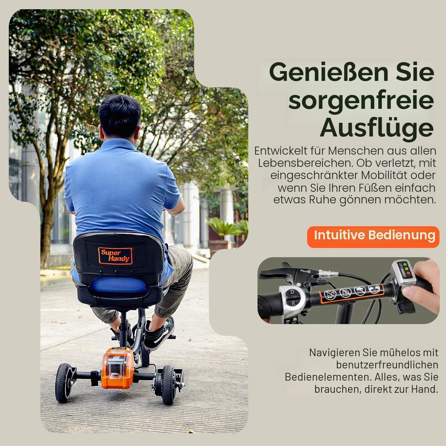 SuperHandy Faltbarer 3-Rad-Mobilitätsroller, 125 kg Tragkraft, 48-V-Akku | Faltbare Bauweise für Alltag, Reise und Einkauf; zwei abnehmbare Akkus ermöglichen längere Fahrten