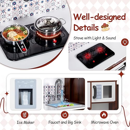 Miniatura 3 de Juego de cocina para niños de 2 piezas, juego de cocina de madera para niños pequeños, cocina modular con horno de estufa de luz y sonido, juguete