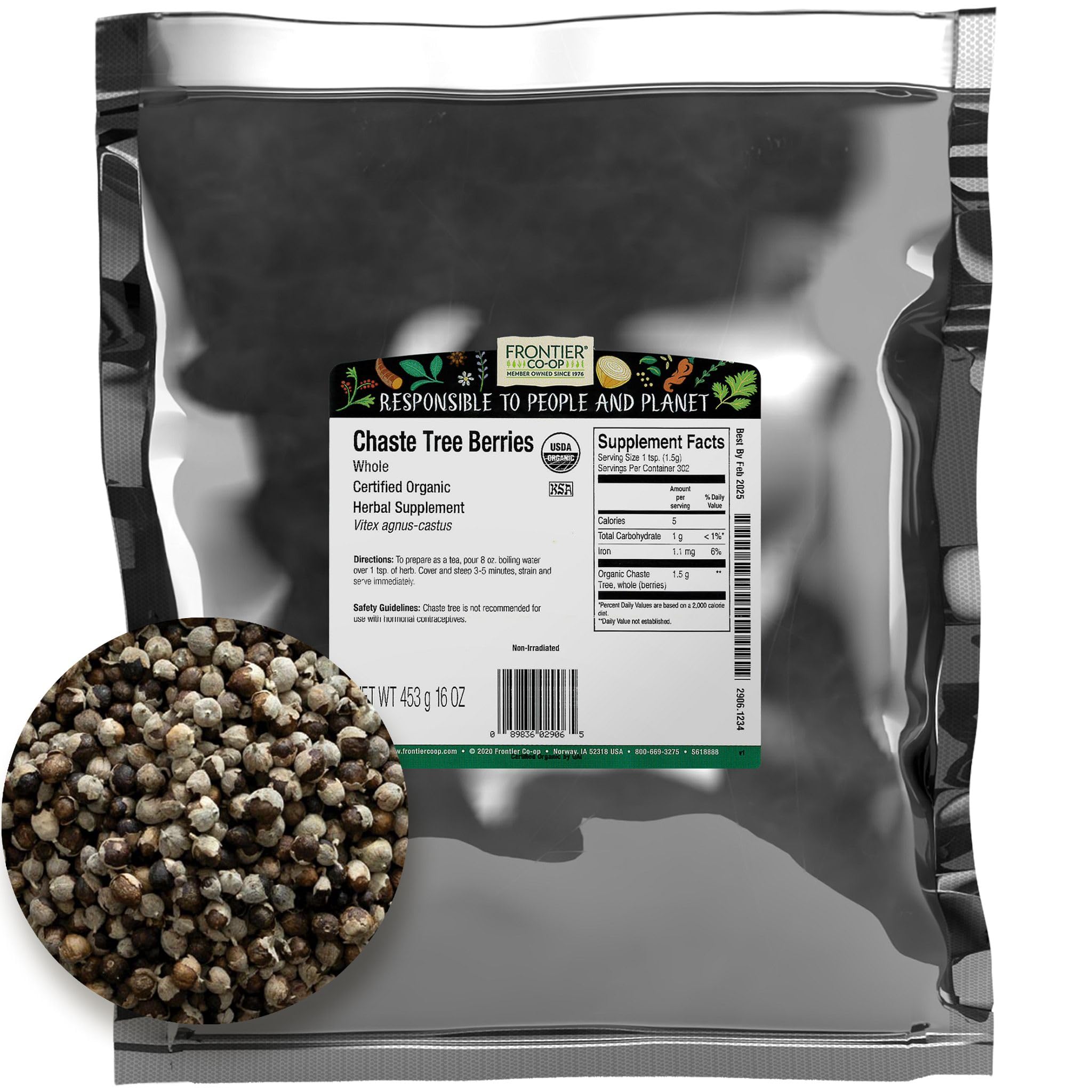 Chaste Tree Berries Whole, Certified Organic, Kosher | 1 lb. Bulk Bag | Vitex agnus-castus L.