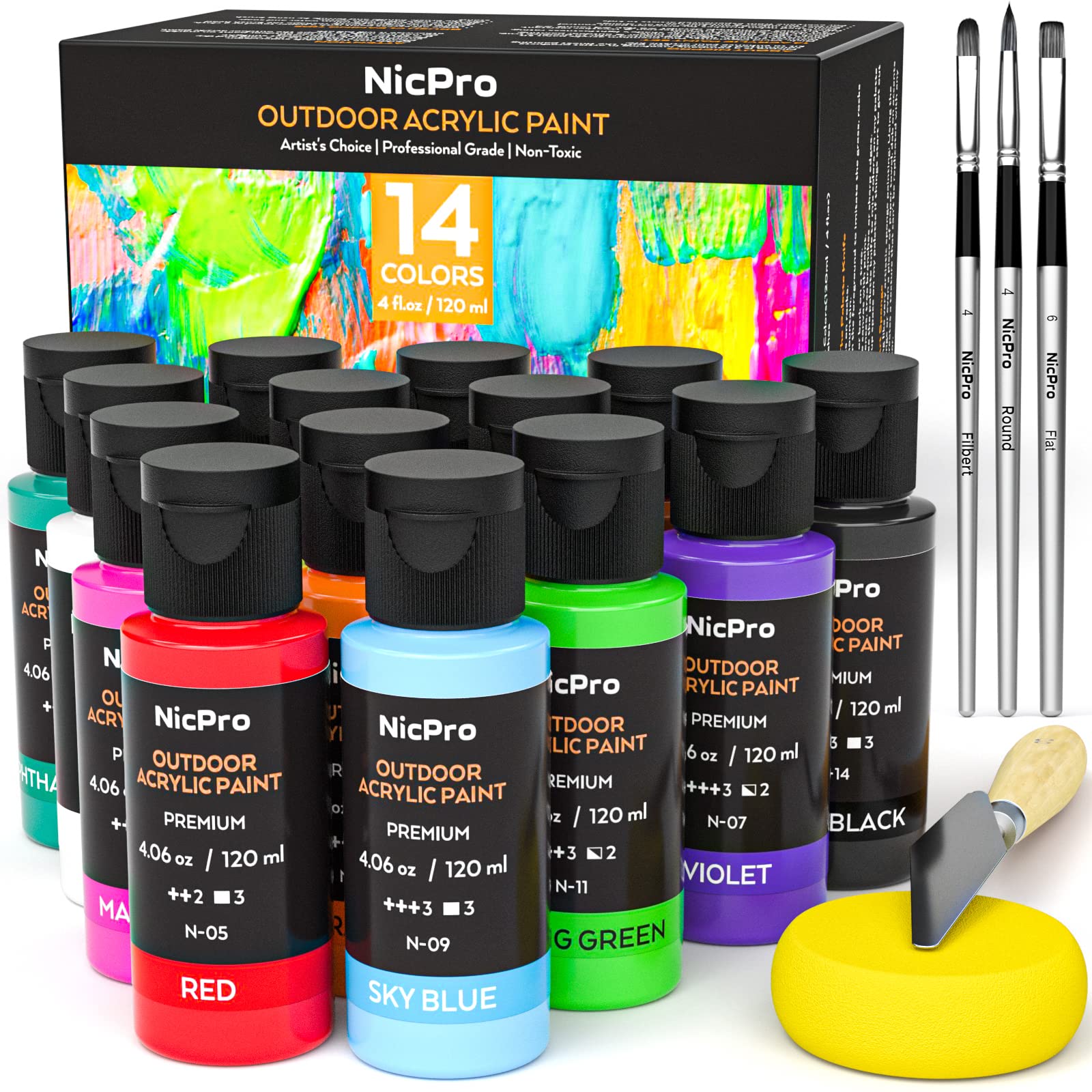 Nicpro14 Colors 4.06 oz Outdoor Acrylic Paint Bulk with Brush and Sponge, Knife, Non-Toxic Paint for Multi-surface Rock, Wood, Fabric, Leather, Crafts, Canvas, Shoes and Wall Painting