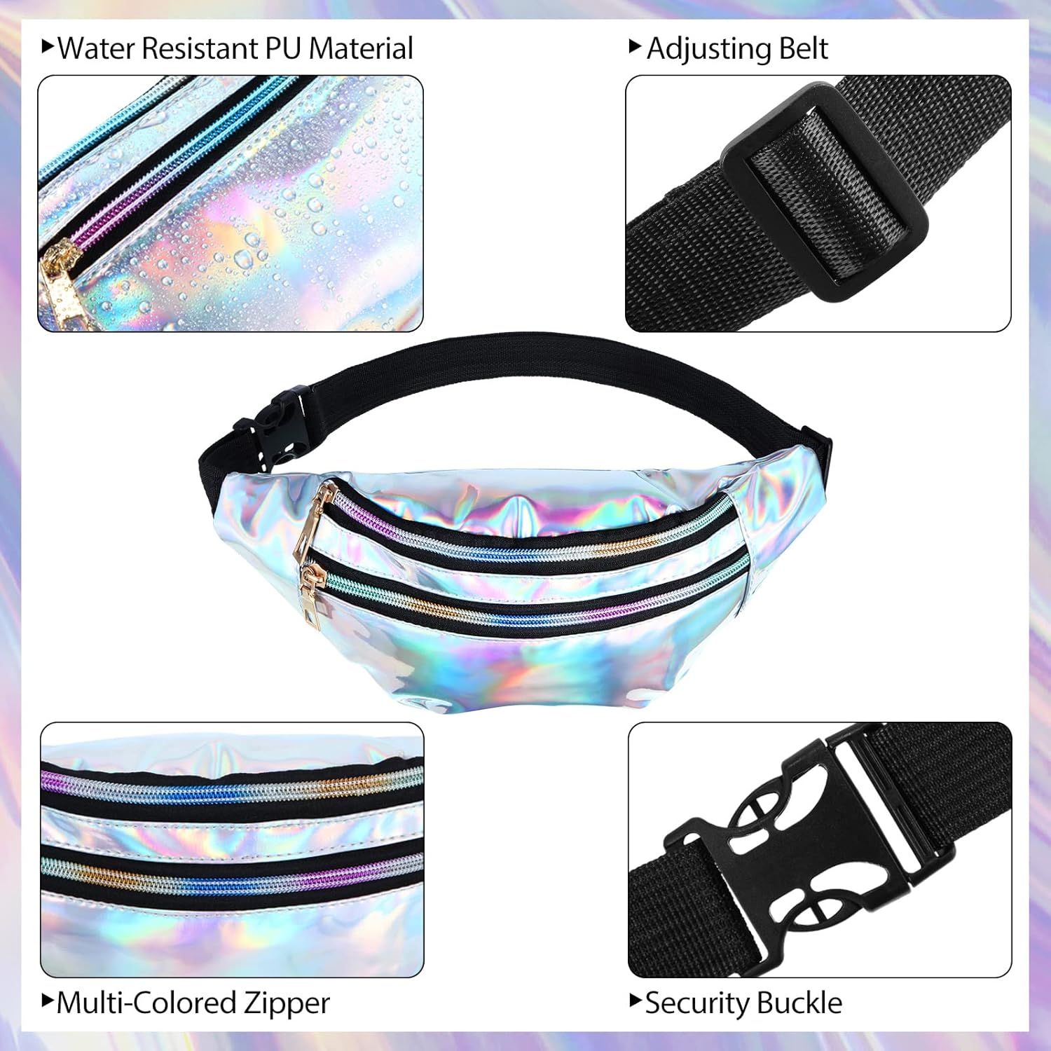 Tessco 20 Pieces Holographic Fanny Pack Bulk 80s 90s for Women Shiny Waist Pack Metallic Color with Adjustable Belt Activities, Stylish Style - Image 3