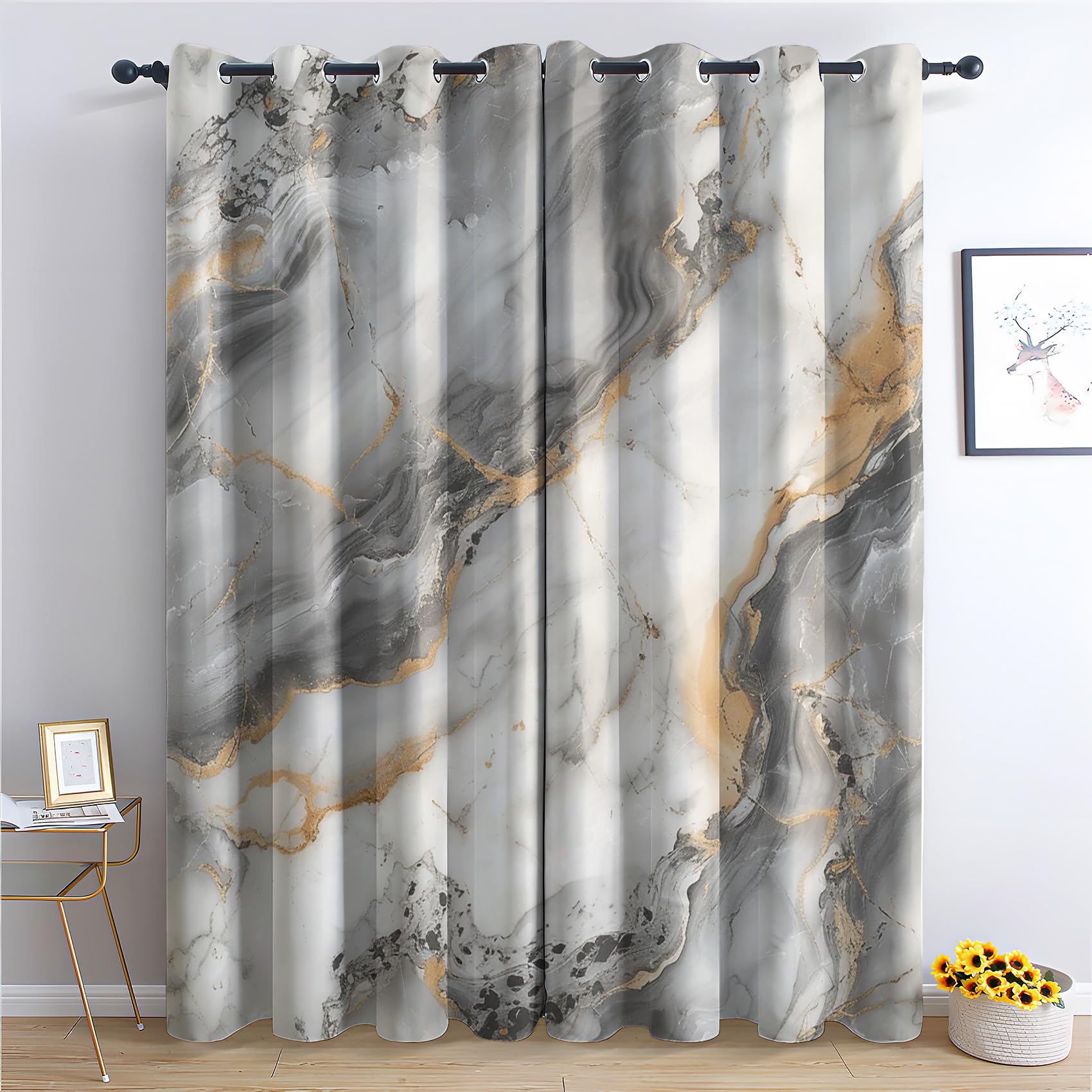 Luxus Marmor Vorhang, Grau Gold Marmor Gardinen mit Ösen 2er Set Verdunkelungsvorhang, Abstrakte Marmor Vorhänge, Wohnzimmer Schlafzimmer Kinderzimmer Blickdichte vorhänge, 220x215 cm1&-ua232