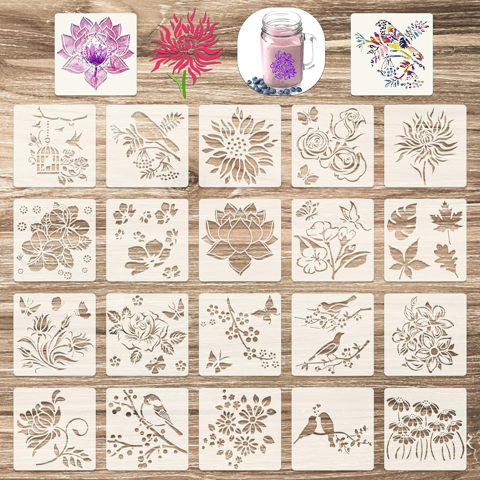 Aster 20-Piece Floral and Bird Stencils for Painting, Reusable, Modern Designs (5.9 x 5.9 Inch)