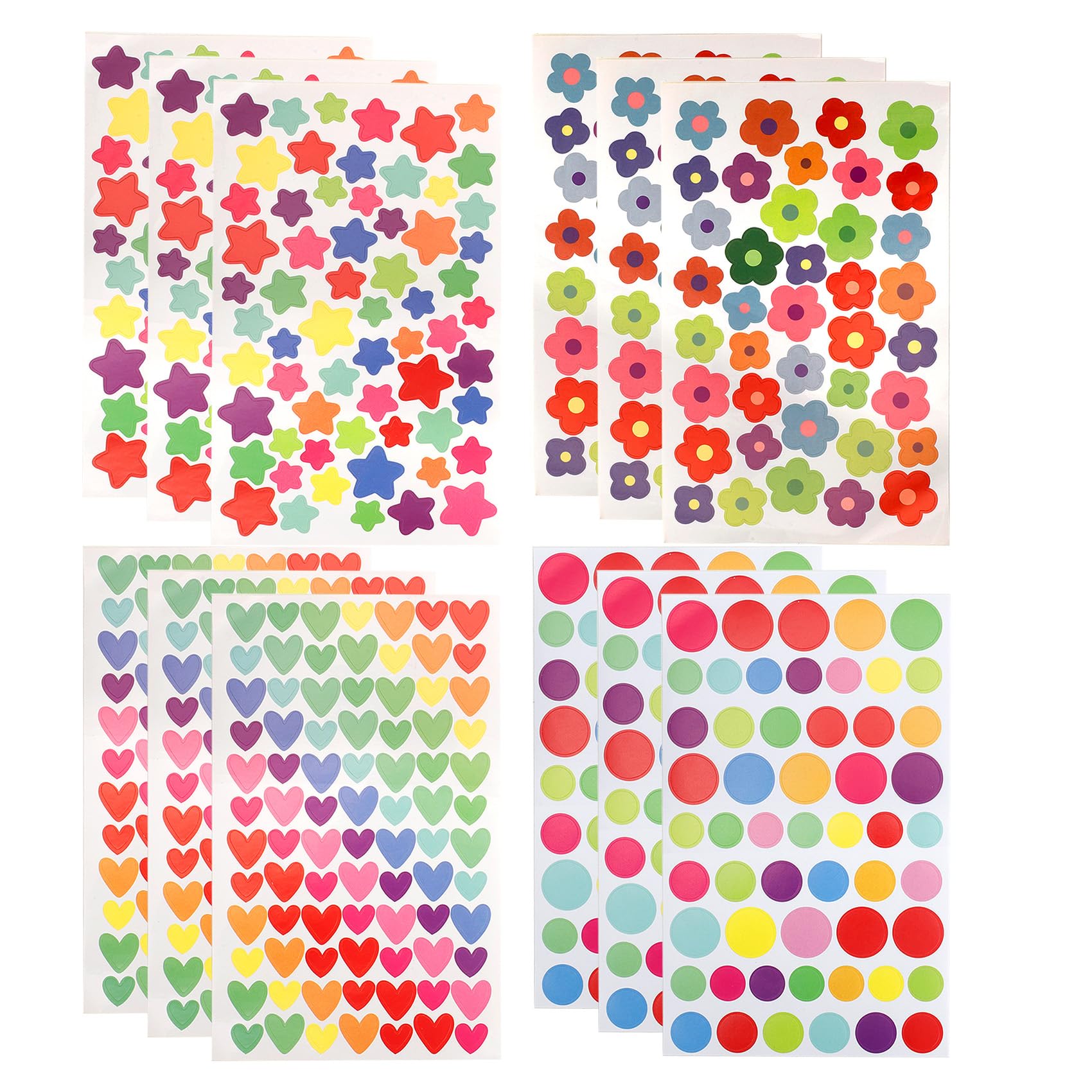 732 PCS Stickers 12 Sheets 4-in-1 Mix of Dot Star Heart Flower Stickers for Teachers Reward System, Kids Crafts Colorful Self-Adhesive Stickers for Classroom, Scrapbooking, Calendar Decor