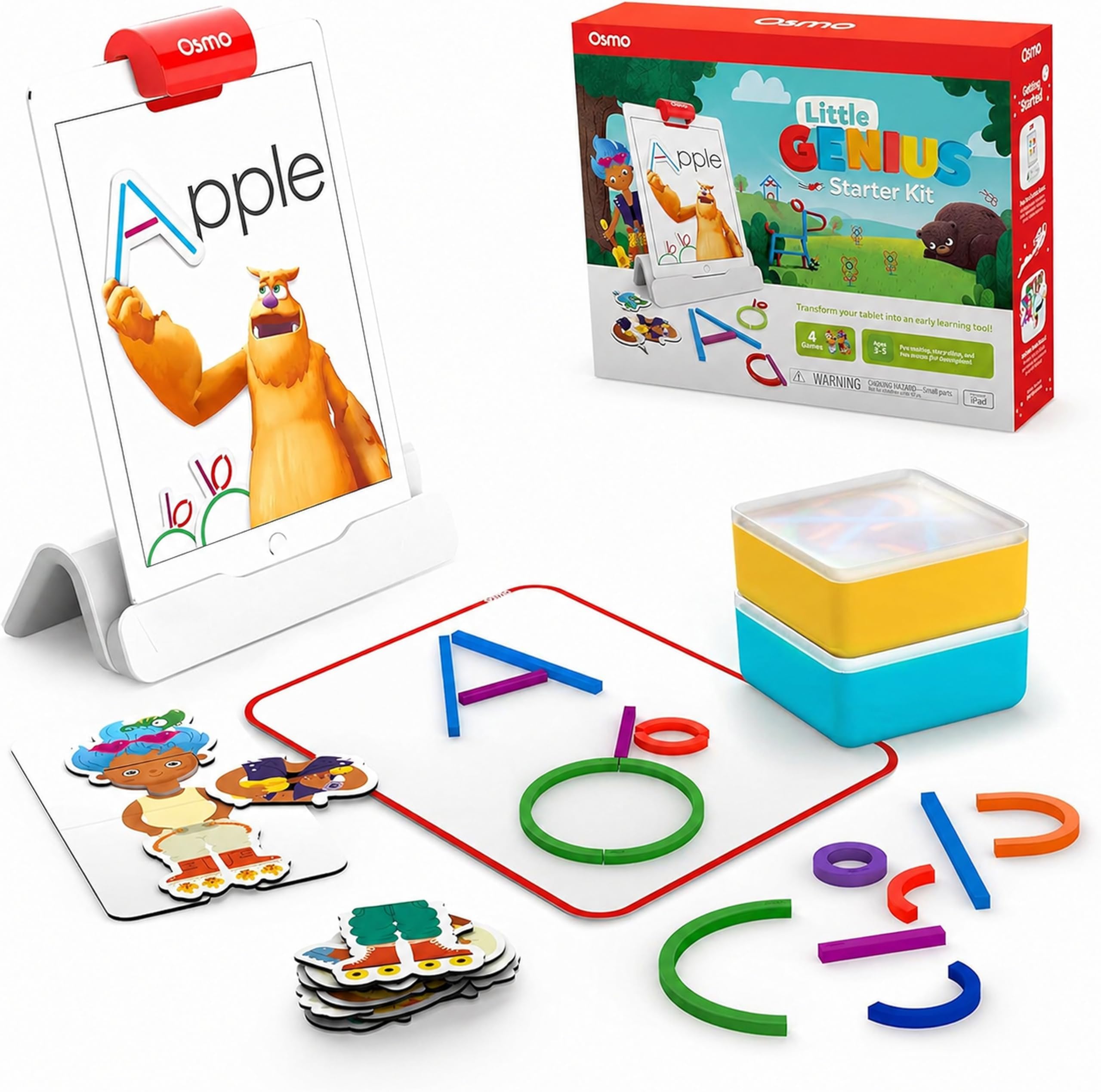 Osmo - Little Genius Starter Kit for iPad - 4 Hands-On Learning Games - Ages 3-5 - Problem Solving, Phonics & Creativity (Osmo iPad Base Included), Multicolor