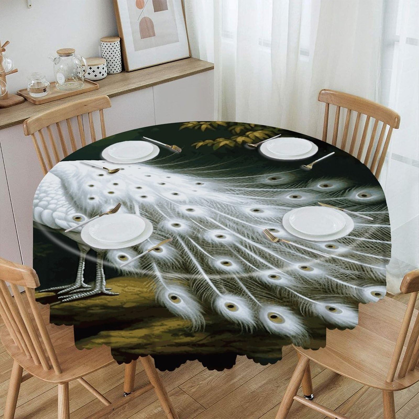 MUSM White Peacock_78030696 Table Cloths Round Wrinkle Resistant Tablecloths Washable Polyester Table Cover Waterproof Decorative Washable Rustic Circle Tablecover for Kitchen Dining