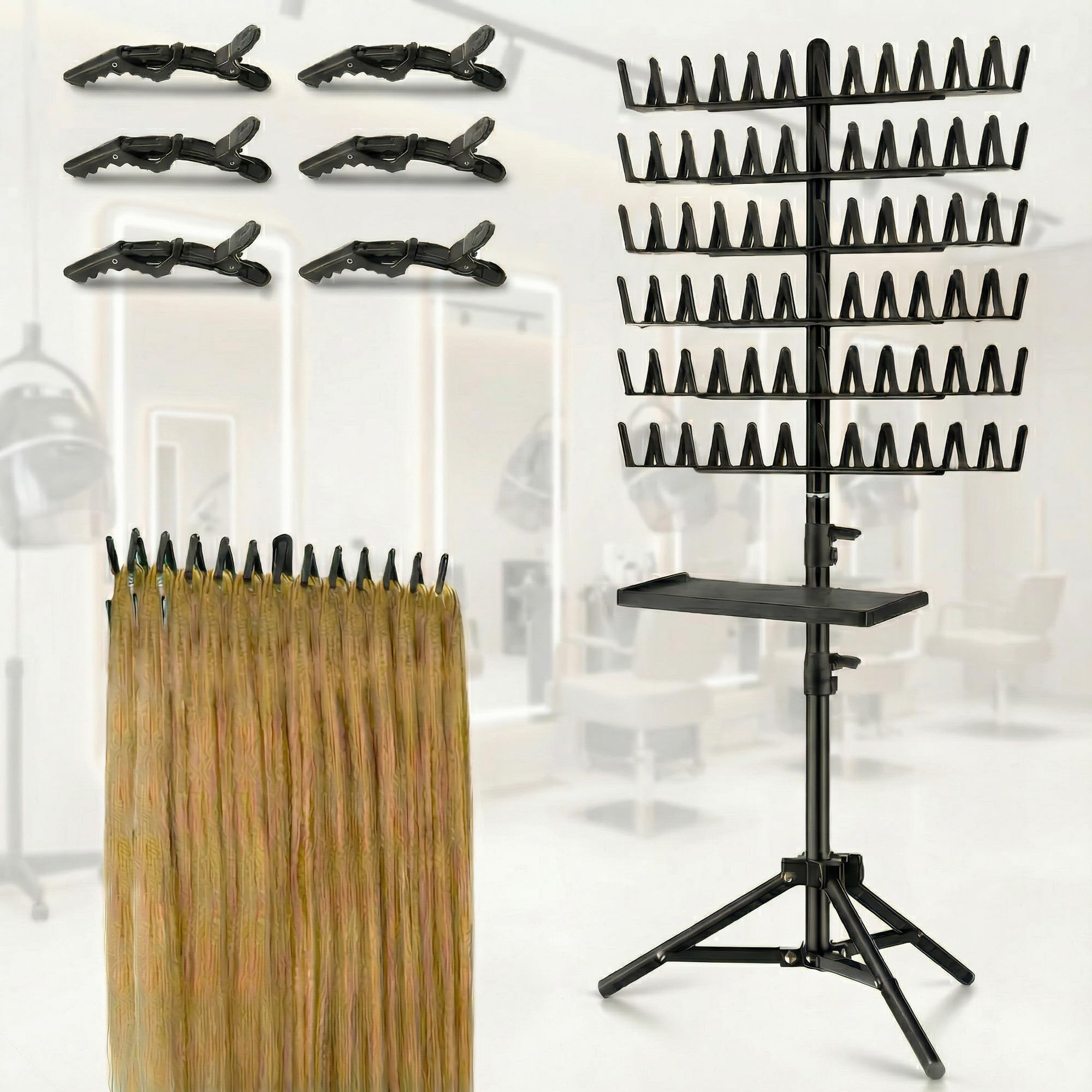 Lifegogo 144 Pegs Braiding Hair Rack: Height Adjustable Hair Extension Holder Rack Foldable Braiding Separator Stand with Clips Combs for Hairstylists Home Salon Traveling Black