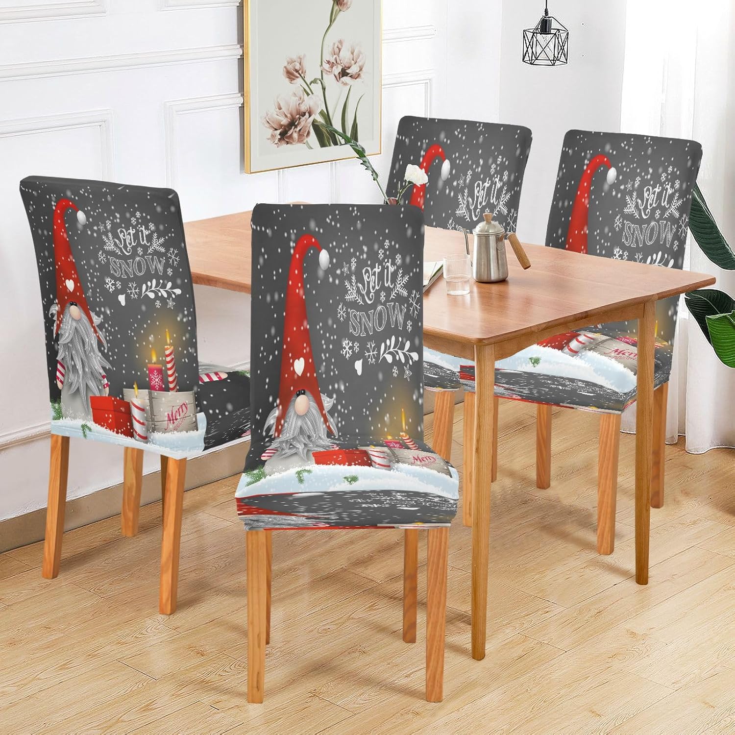 Christmas Gnome Tomte Winter Snowflakes Dining Room Chair Covers Xmas Candles Gift Boxes Chair Slipcovers Seat Protector Removable Washable Chair Cover For Home Kitchen Restaurant Hotel 4pcs