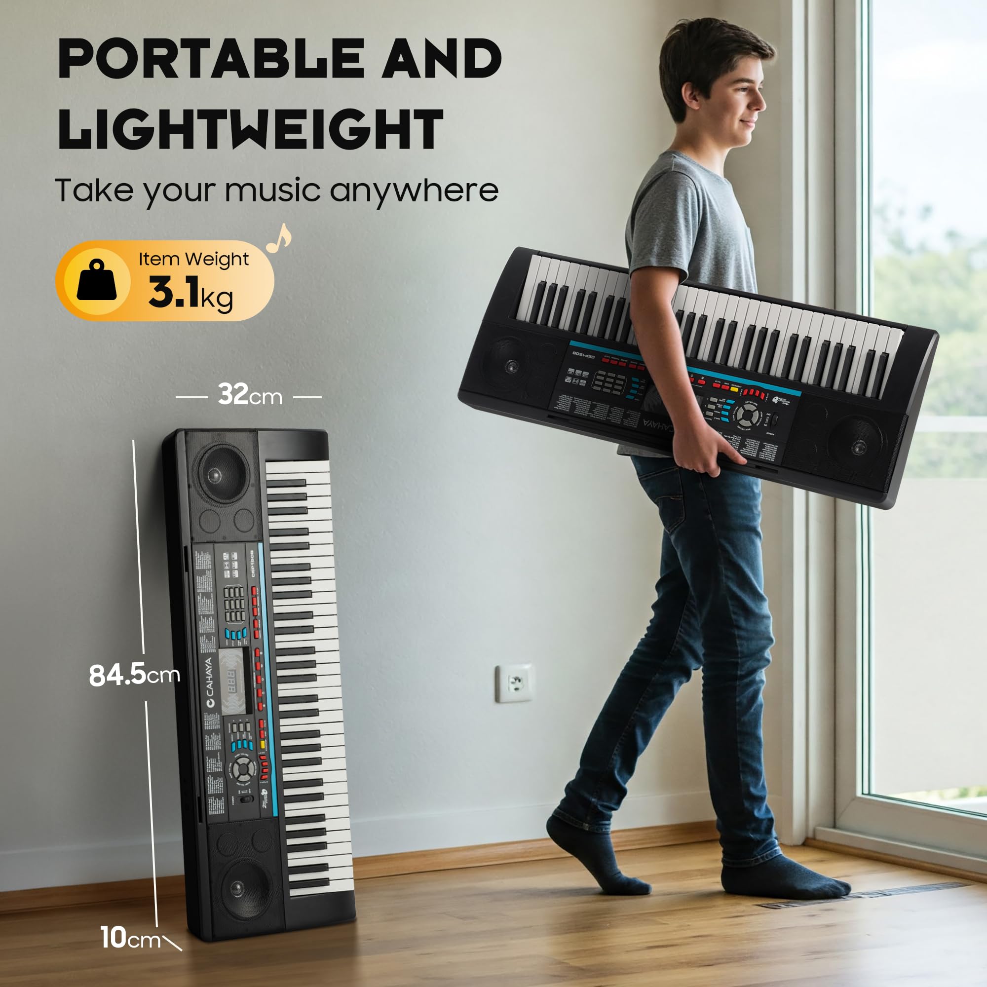 CAHAYA Tastiera Musicale 61 Tasti - Set di Pianoforte Elettrico per Principianti con Supporto, Sgabello, 1 Microfono, Altoparlanti Integrati, 3 Modalità Didattiche, Tastiera Elettronica Portatile con