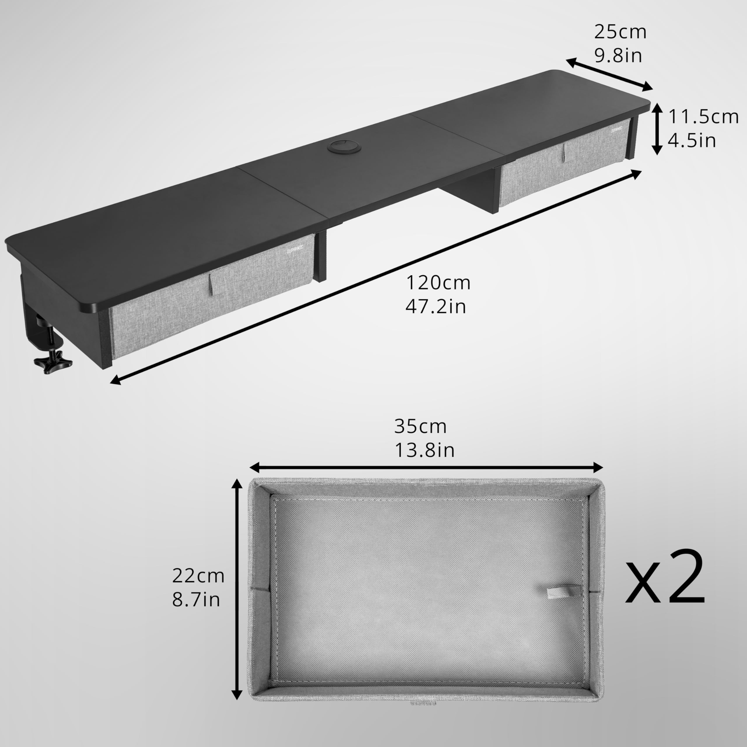 Duronic DD3 BK Monitorständer, 120 x 25 x 11,5 cm, Schreibtischaufsatz mit XXL Schubladen, Monitorerhöhung für 2 Monitore, rutschfeste Tischklemmen, Schreibtisch Regal Breit, Gaming Home Office | Monitorerhöhung für 2 Monitore, XXL Schubladen, Rutschfeste