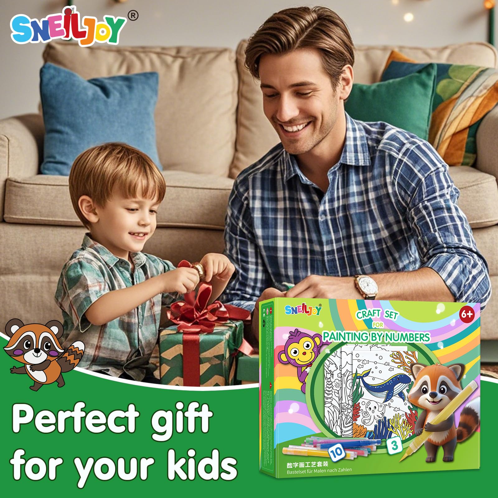 SNEILJOY 3 paquetes de pintura por números para niños, kit de pintura al óleo acrílica por números en lienzo, pintura de dibujo para decoración del hogar