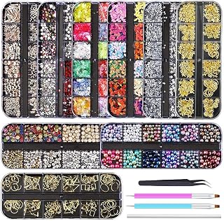Artdone 9-Box Nail Rhinestones Kit: Gems, Crystals, Studs, Sequins, Pearls with Tweezers & Pens - Nail Art Supplies