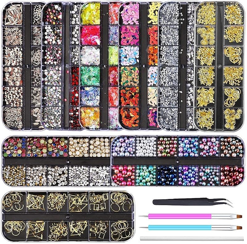 Artdone 9 boxes Nail Rhinestones Glitter Gems Diamonds Studs Crystals Sequins Kit With 1 Tweezers and 3 Pen for Nail Art Supplies Accessories