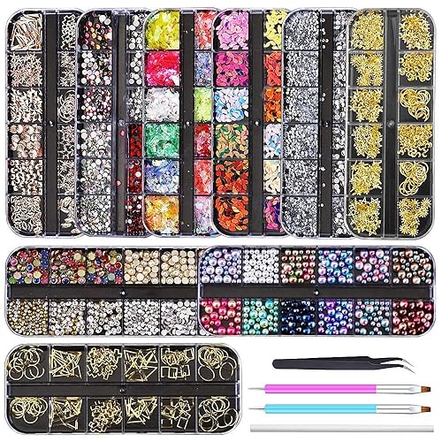 Artdone 9 boxes Nail Rhinestones,Nail Gems Nail Diamonds,Nail Art Studs Nail Crystals Nail Sequins for Nails Kit with 1 Tweezers and 3 Pen for Nail Art Supplies Accessories - 9boxes
