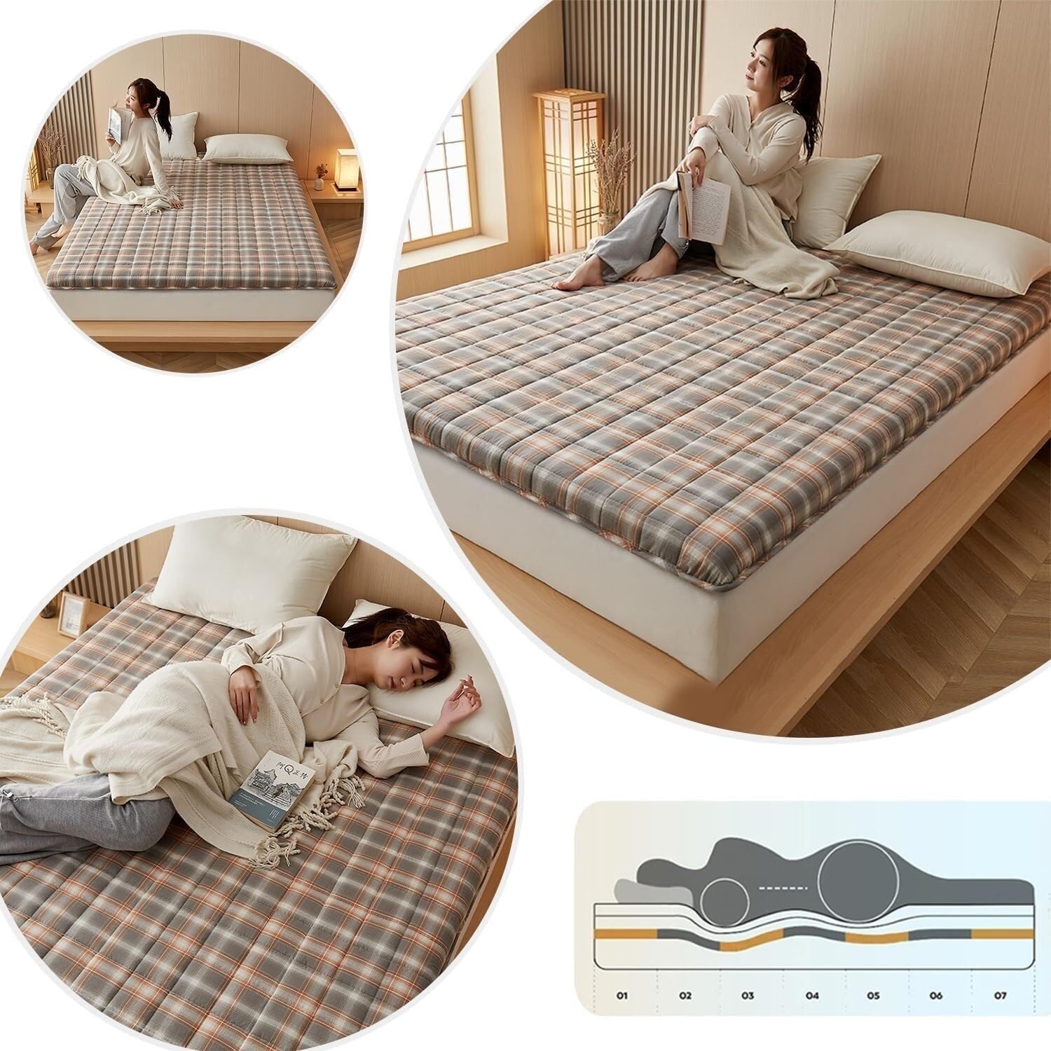 Materasso futon pieghevole portatile con cuscini traspiranti materasso per ospiti ispessito per letti singoli e matrimoniali, design giapponese trapuntato