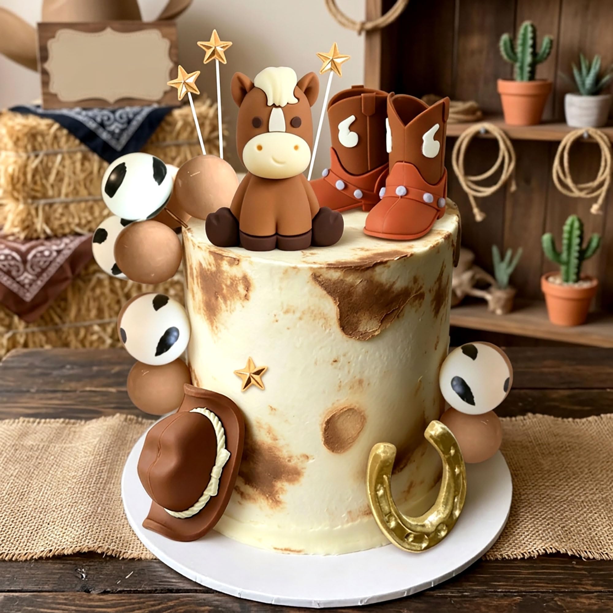 Western Rodeo Cowboy Cowgirl Cake Topper Hat Boots Cow Balls Decor