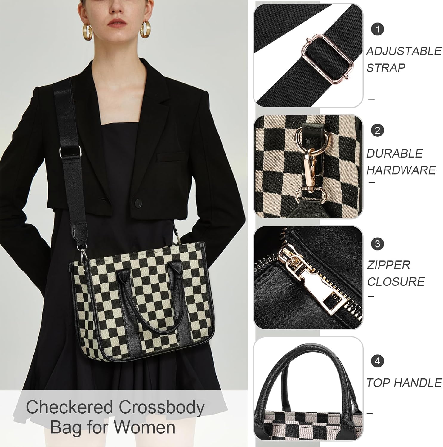 Small Checkered Crossbody Bag Checkered Tote Handbags Black and White Purse Casual Tote Handbags for Work Travel - Image 3