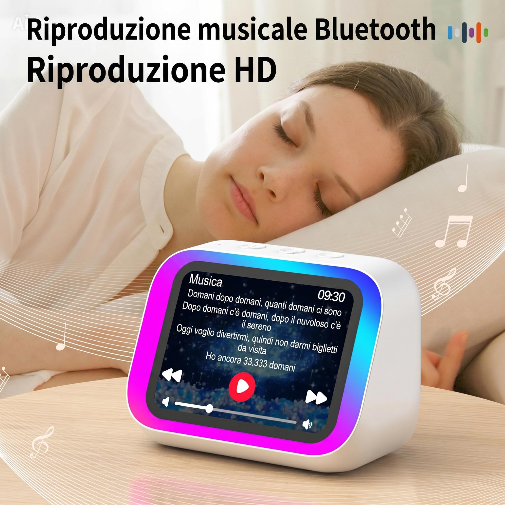 Altoparlante Bluetooth con Display 4" – Smart Speaker con Assistente Vocale, Chiamate, Musica, Meteo, Calendario, Sveglia, Orologio Mondiale, Effetti Luce, Cerca Telefono, Fotocamera Remota (Nero)
