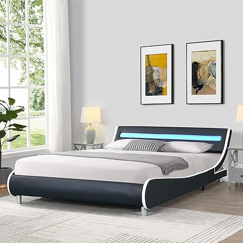 Base de cama LED tapizada con cabecero, marco de cama inteligente Queen, plataforma de perfil bajo, soporte de listones de madera, no necesita