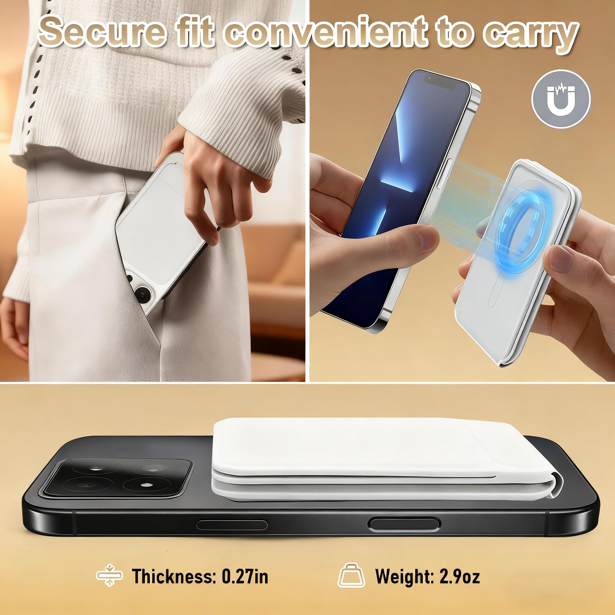 Kompatibel mit Phone 12–17 Serie, schmaler Schreibtisch, veganes Leder, inklusive 1 Magnetring, der an jeder Handyhülle befestigt werden kann (grauweiß)