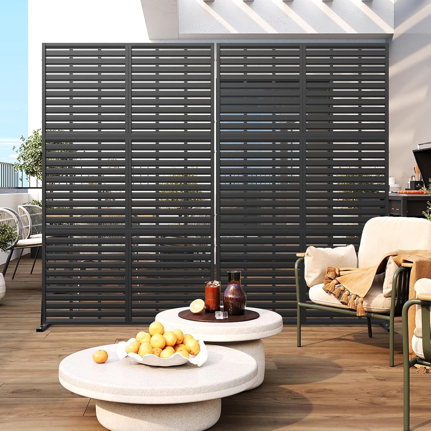 Metal Privacy Screen Outdoor with Stand, 6 ft Tall Decorative Privacy Fence Featuring Simple Assembly, Freestanding Fence Panels & Portable Divider Screens for Patio, Balcony, Garden, Backyard
