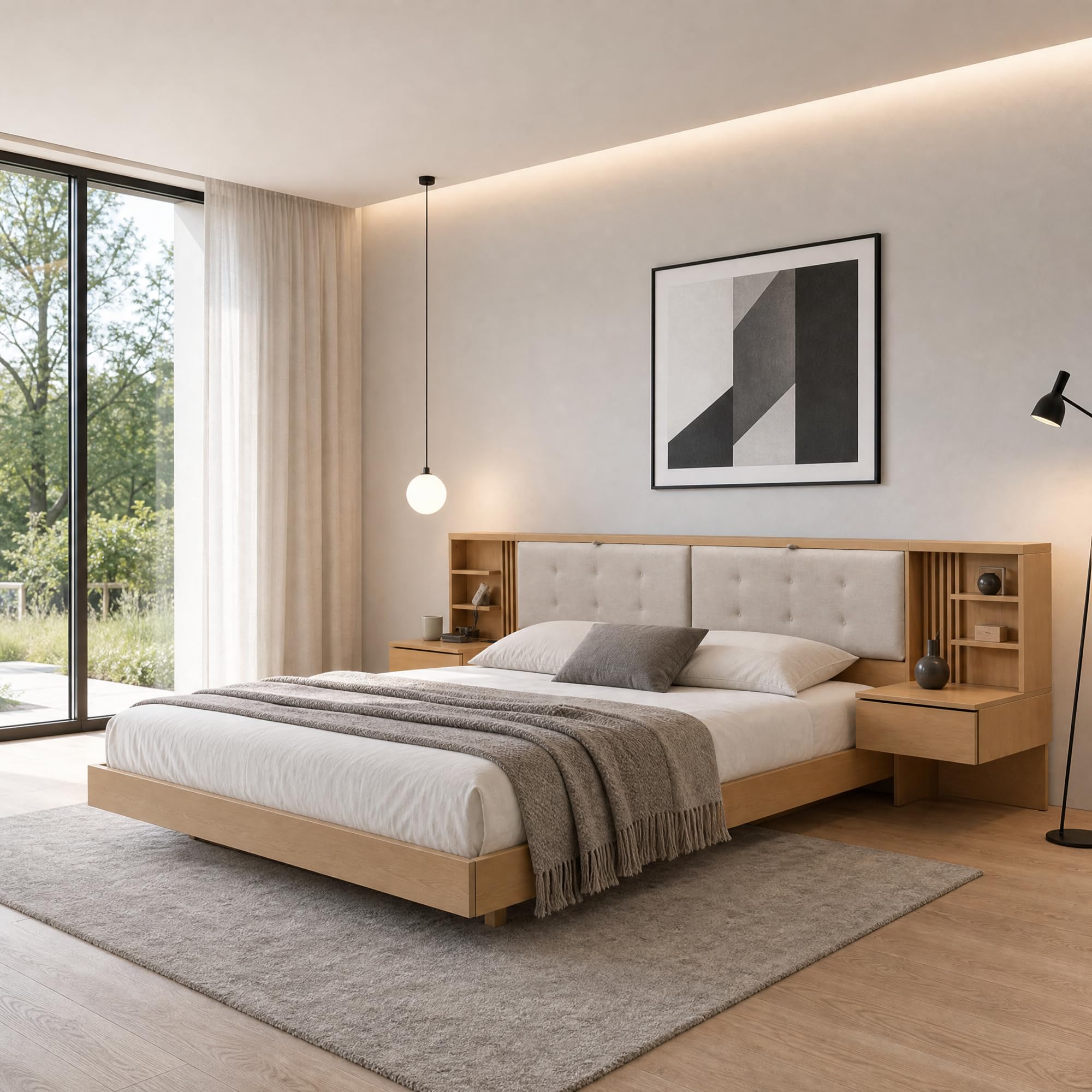Estructura de Cama Flotante 180x200cm con Cabecero Modular Simetrico de Almacenamiento Compartimentos Abiertos Cajones de Guardado y Base de Lamas de Madera para Adultos Naturalmente